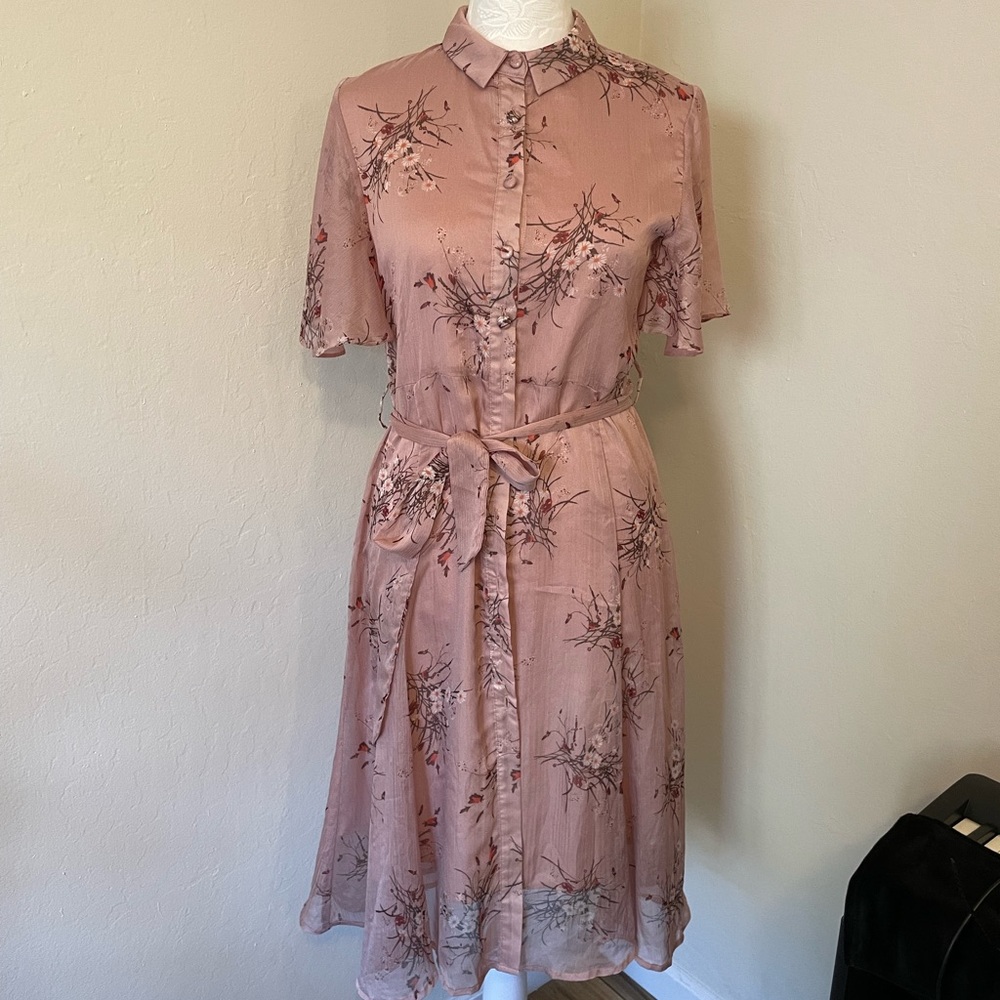 Pink belted floral midi dress